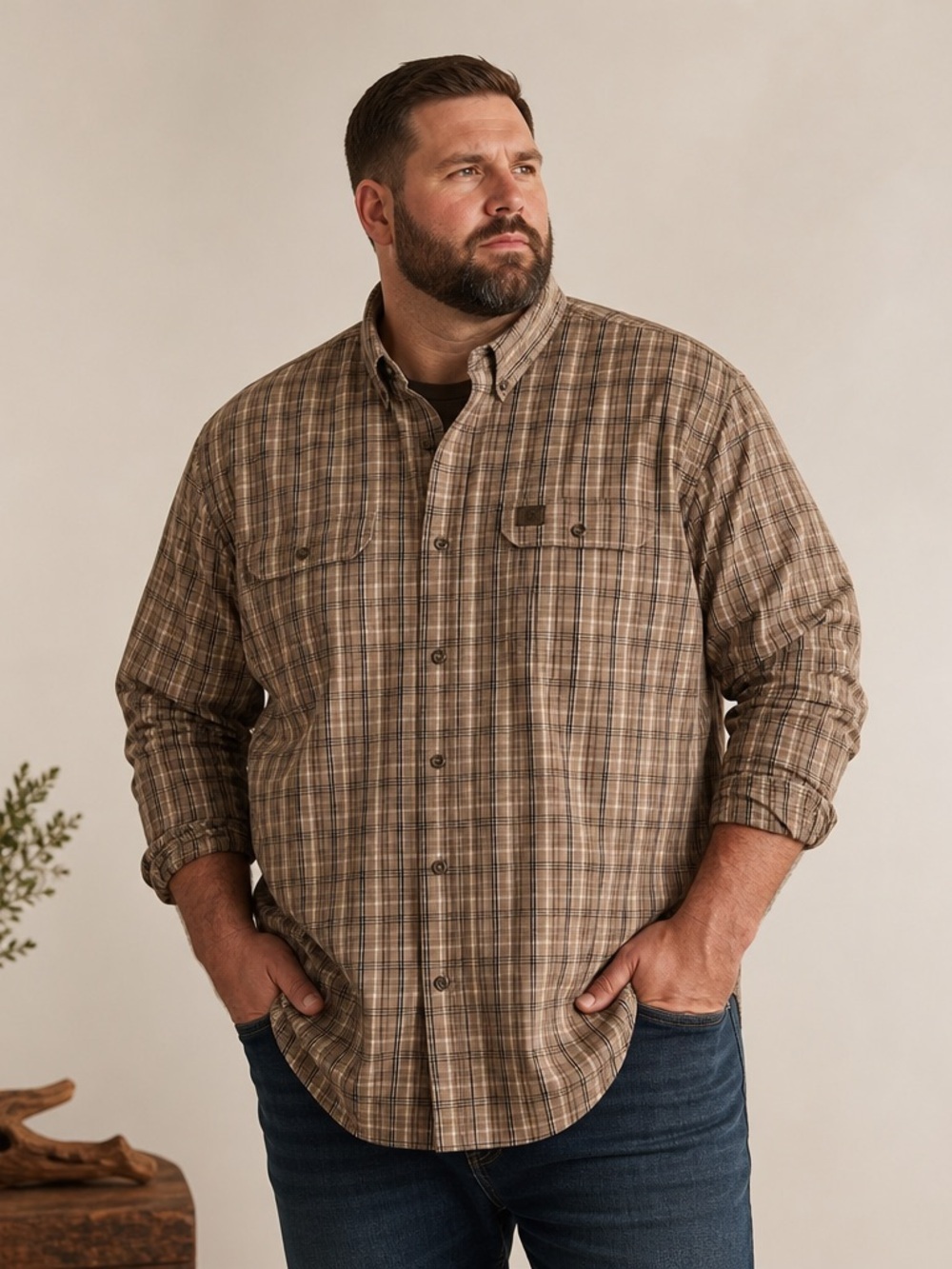 Wrangler Riggs Shirt Mens Sz XXL  Plaid Long Sleeve Button Down Workwear Tan